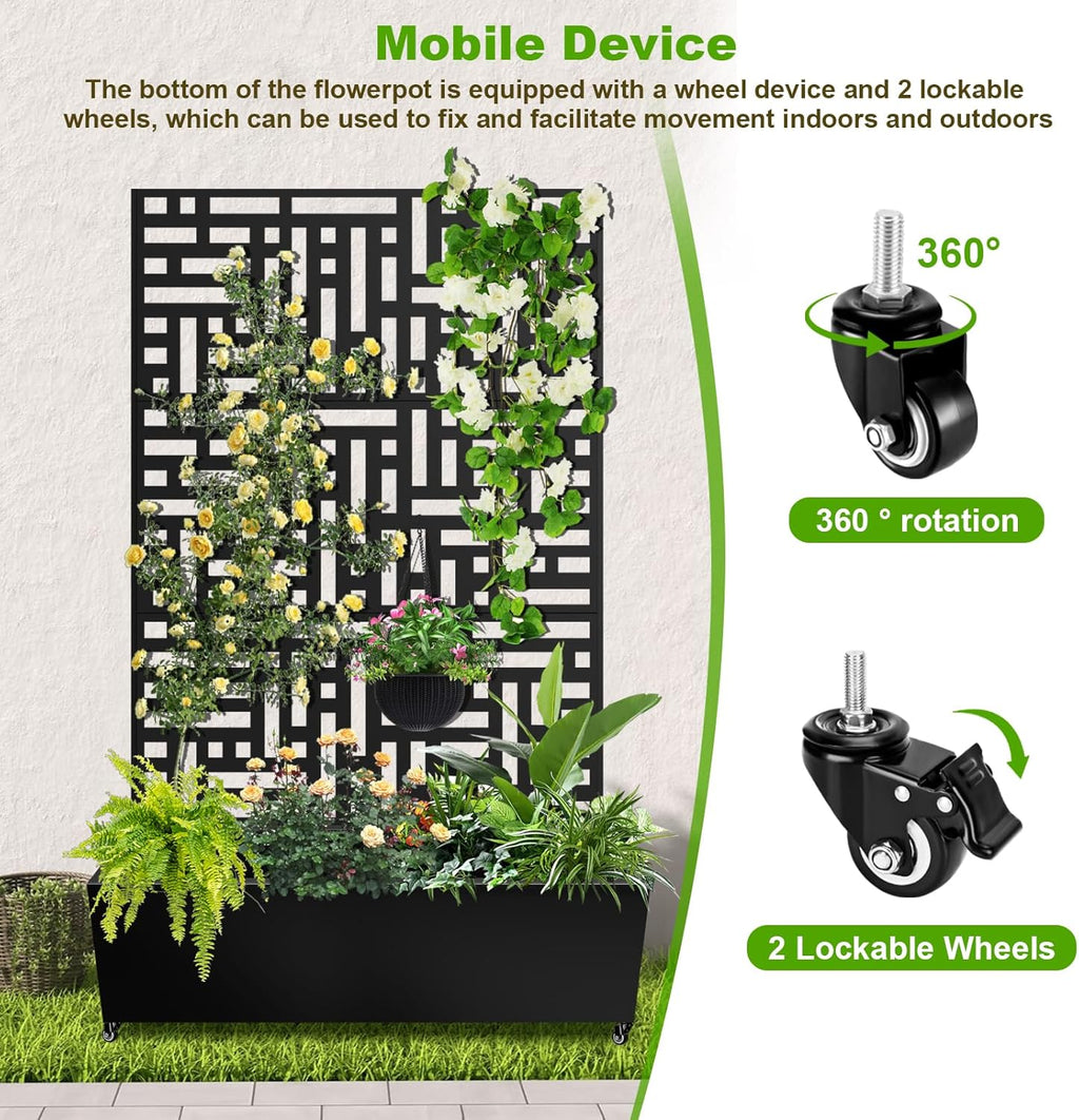 Metal Planter Box with Trellis, 72"x47"x16" Metal Raised Garden Bed with Trellis, Trellis Planter Box with Drainage Holes & Lockable Casters for Climbing Plants, Vegetables, and Vines