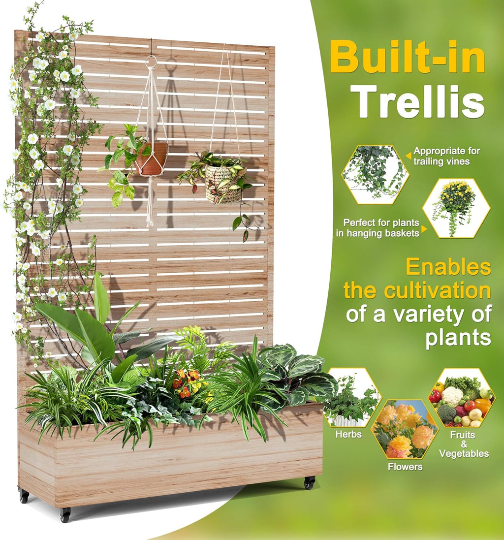 FENCY Metal Raised Garden Bed with Wheels and Trellis,73"x47"x16" Planter Box for Climbing Plants, Vegetables & Vines, Features Privacy Screen and Drainage Holes (Acacia Wood Finish)