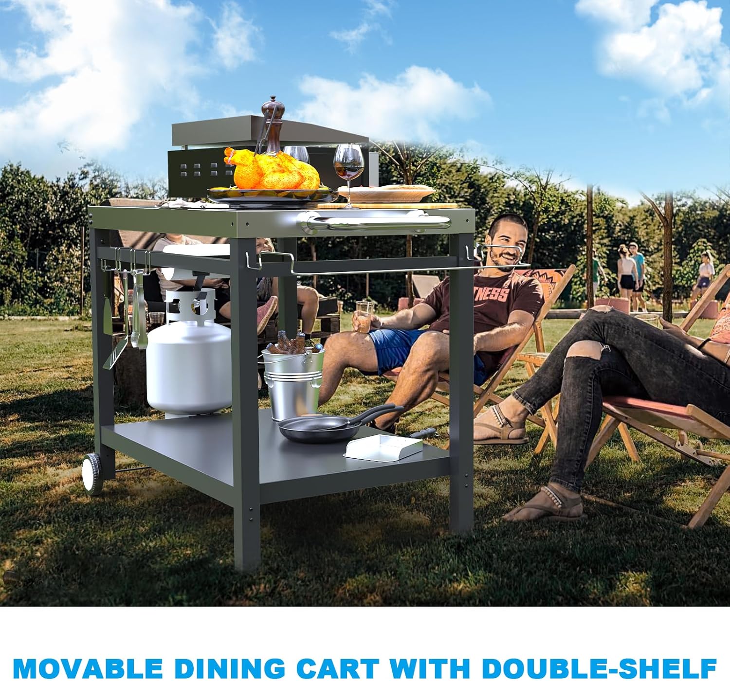 LS'BABQ Outdoor Grill Table Cart, Pizza Oven Stand, BBQ Prep Table with Trash Bag Holder Wheels & Hooks, Double-Shelf Movable Food Prep and Work Stand, Stainless Steel Flattop Grill Cart