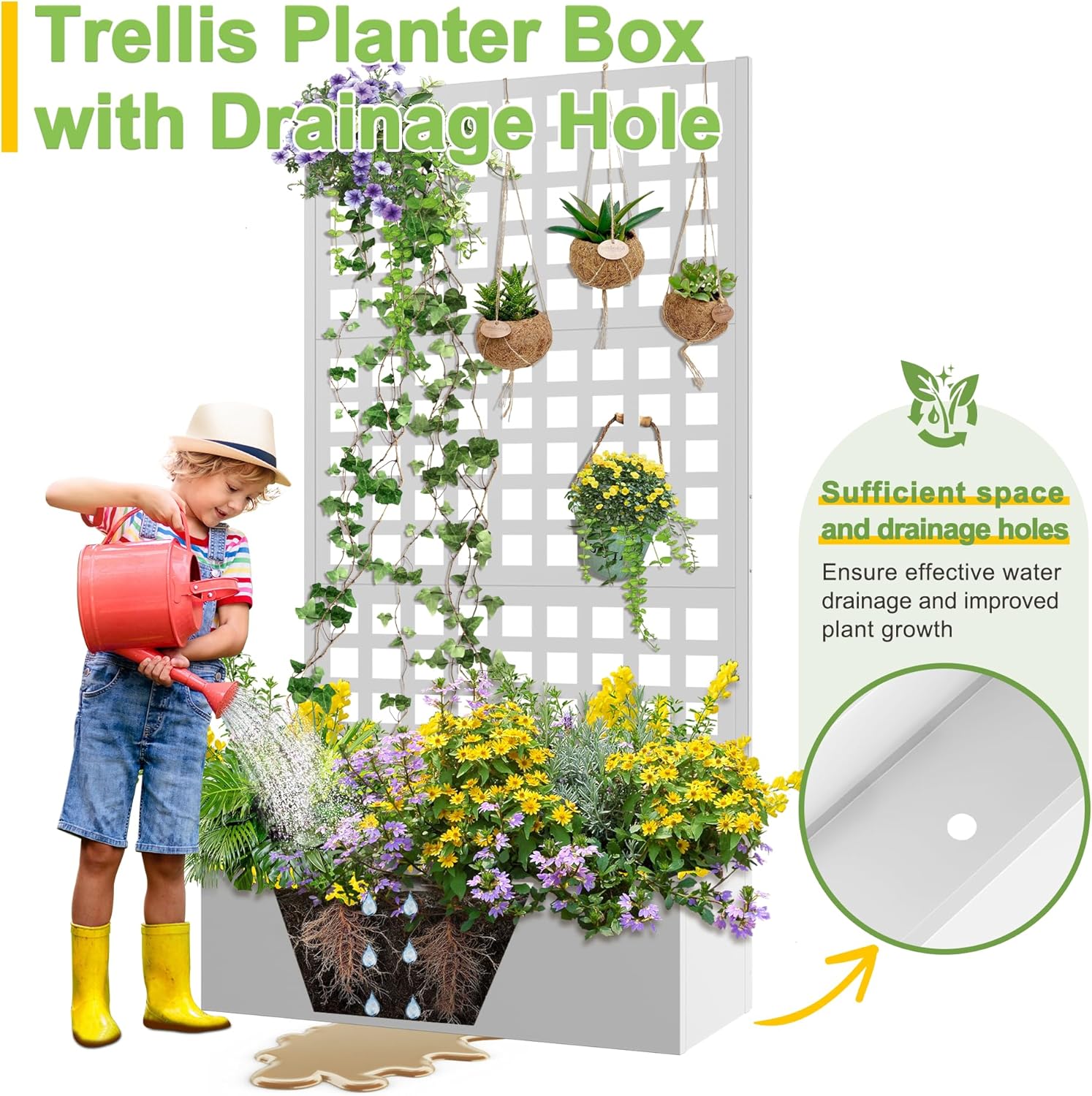 FENCY Metal Raised Garden Bed with Trellis, Planter Box with Trellis, Garden Box for Climbing Plants Vegetable, 35''Lx16''Wx71''H Metal Garden Bed with Drainage Holes(White)