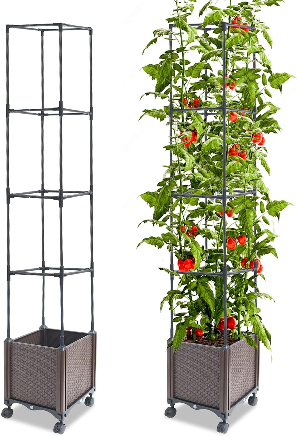 Raised Garden Bed Planter Box with Trellis, 62.2" Self-Watering Tomato Planters for Climbing Plants Vine Flowers Outdoor Patio, Tomatoes Cage with Trellis Wheels for Outdoor, 1Pack