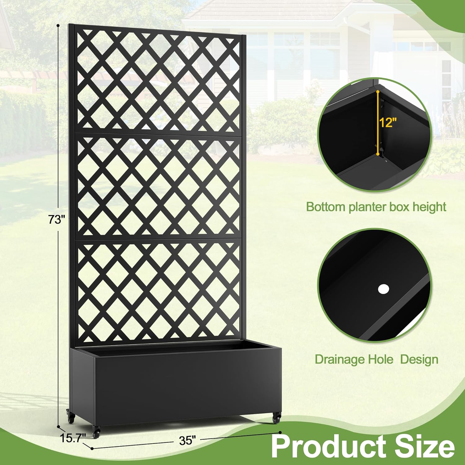 Metal Planter Trellis Box with Wheels & Drain Plug Outdoor Raised Garden Bed Patio Privacy Screen with Planter for Climbing Plants, Vegetables 73"x35"x16" Black-Diamond