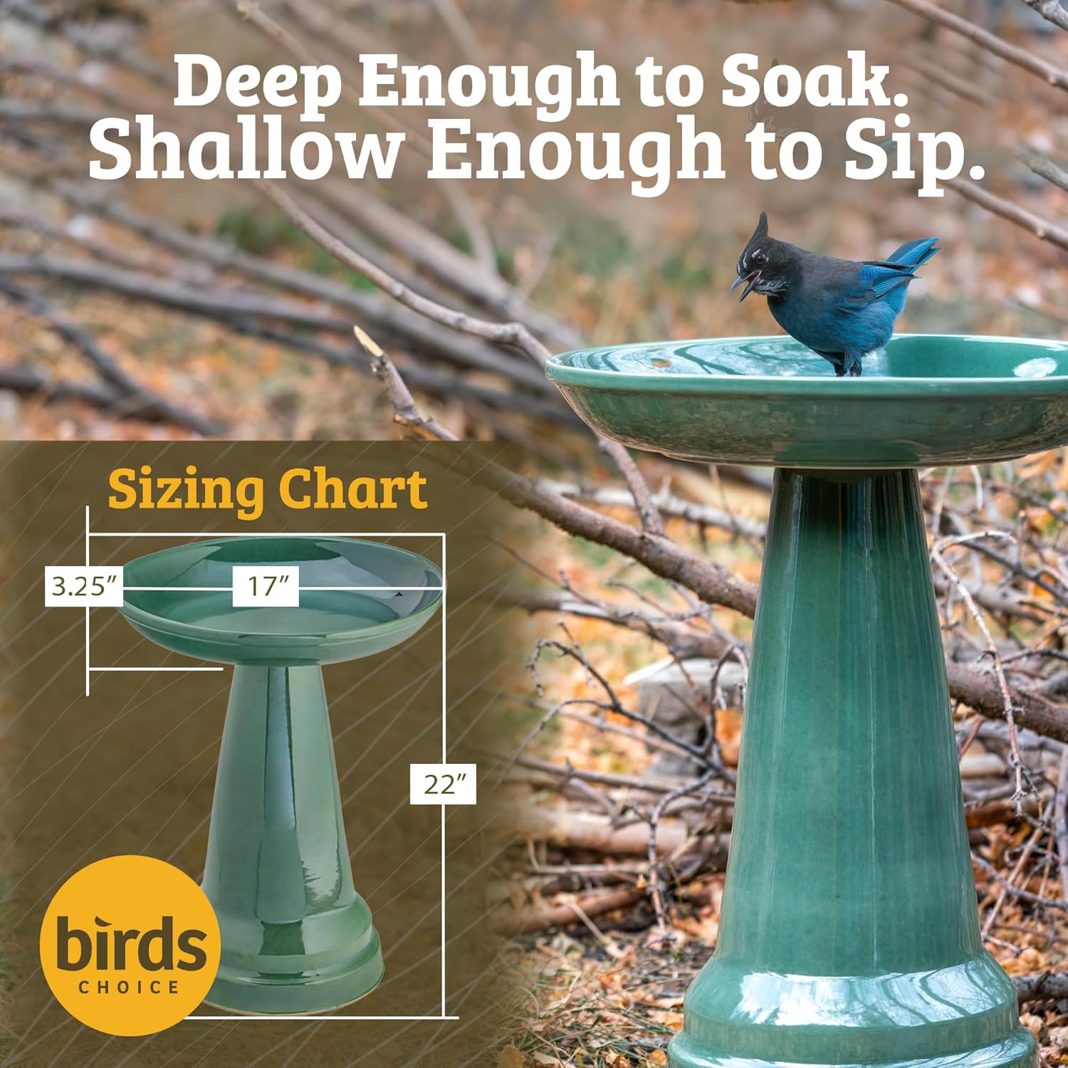 Birds Choice Ohio Stoneware Bird Bath | Pedestal Bird Bath, Stable Locking Top | Weather-Resistant Ceramic Clay, Glazed Finish | Outdoor Garden & Patio Decor | 22" H x 17" D, Summer Blue