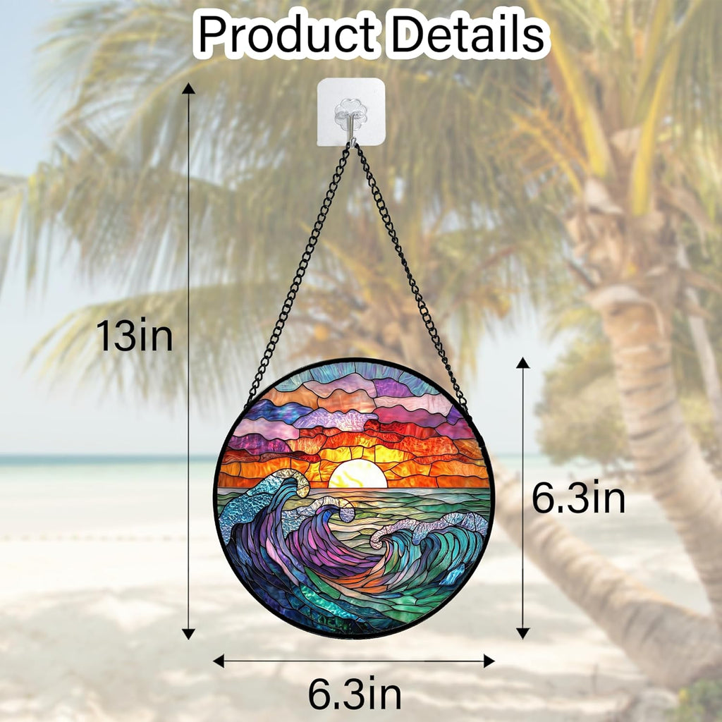 Stained Glass Window Hanging, Clouds and Sea Waves Suncatcher Diamond Glass Panel Hangings Scenery Sun Catchers Decor for Birthday for Women, Men, Wife, Aunt, and Mom 6.3 in