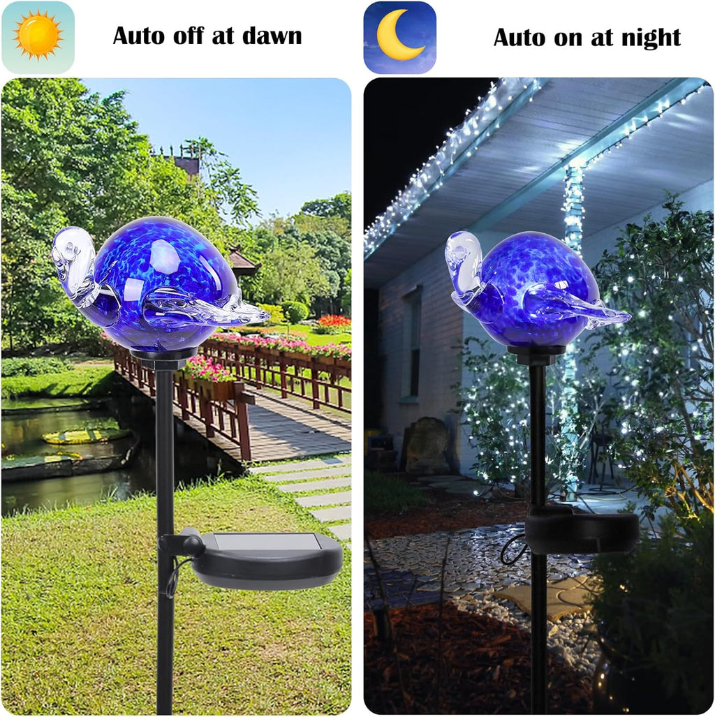 Afirst Decorative Solar Lights Outdoor Solar Turtle Stake Lights Hand Blown Glass Decorative Garden Pathway Light Outdoor Waterproof Glass Stakes Blue