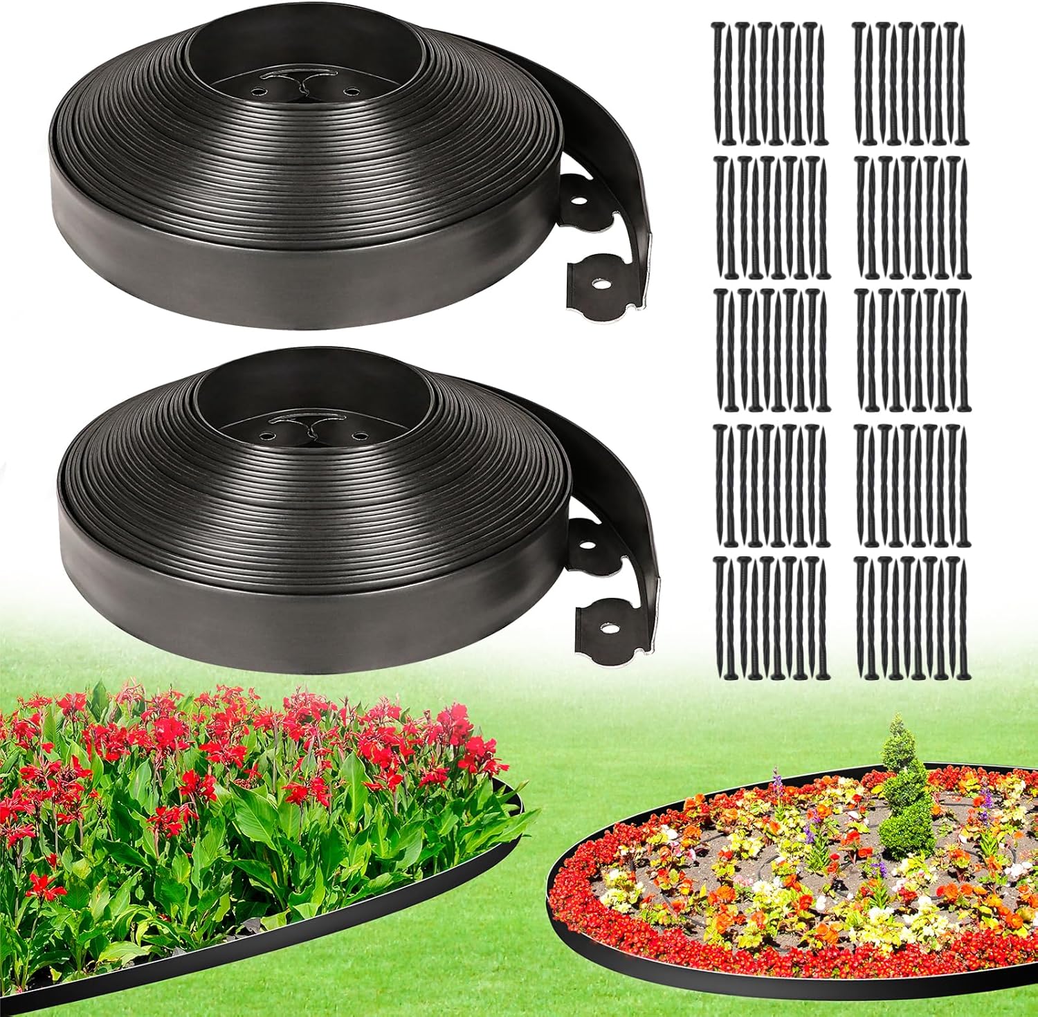 JERIA 2 Inch Tall 100 FT Garden Edging Kit with 120pcs Spikes, Plastic Edging for Landscaping