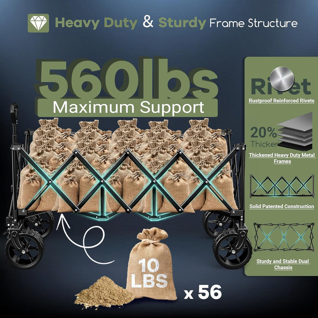 300L Extra Large Wagons Carts Foldable, 560LBS Heavy Duty Collapsible Beach Wagon 48" Long with Big All-Terrain Wheels, Utility Folding Cart for Camping, Grocery, Sports, Garden, Red & Grey