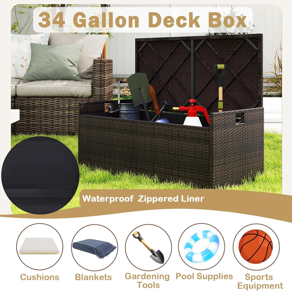 RELAX4LIFE 34-Gallon Outdoor Storage Box - Wicker Rattan Deck Box w/Seat Cushion, Waterproof Liner & Side Handles for Pillows, Patio Cushions, Pool Supplies, Garden Tools, Porch Outdoor Storage Bench