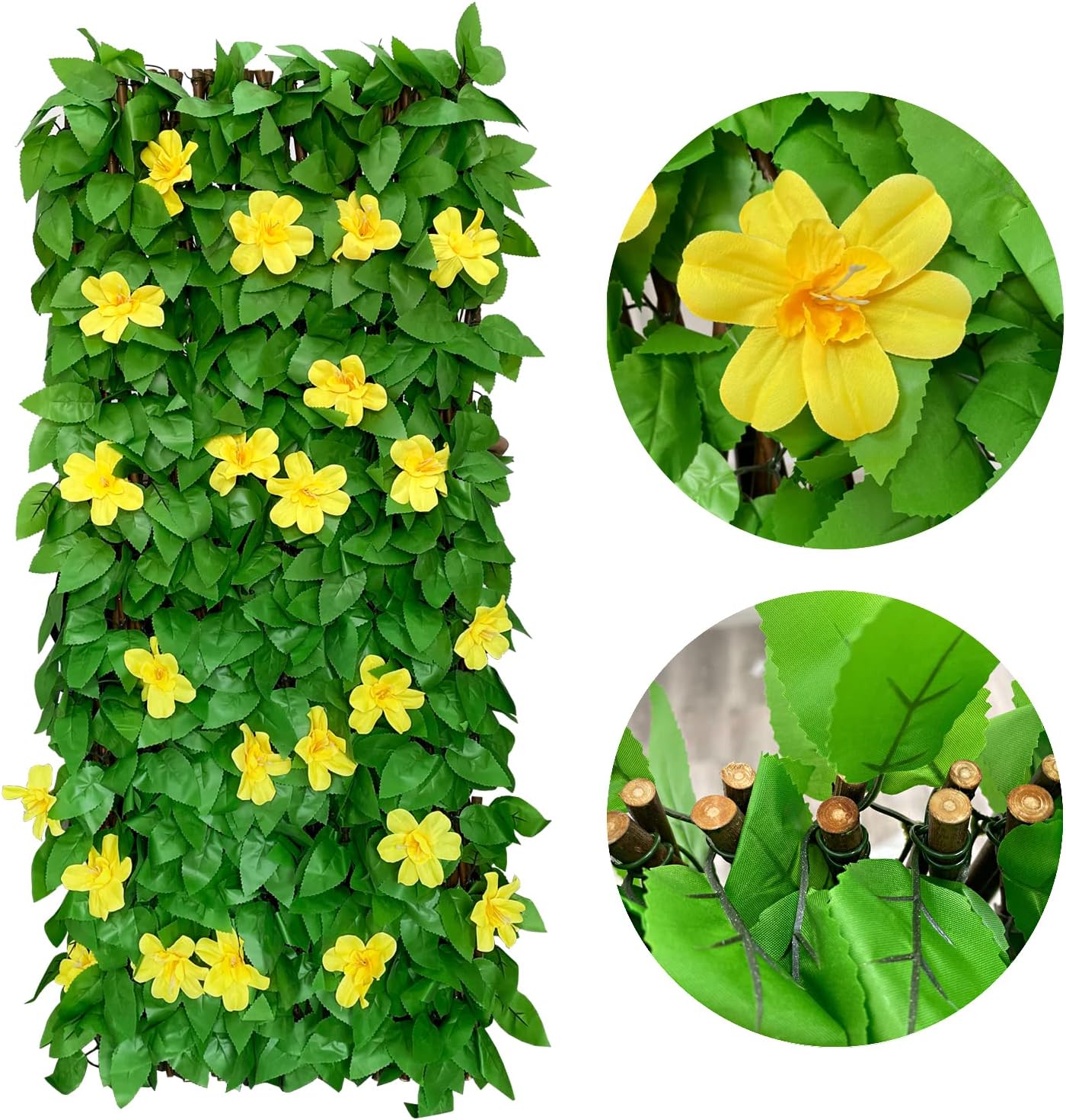 Expandable Fence Privacy Screen for Balcony Patio Outdoor,Decorative Faux Ivy Fencing Panel,Artificial Hedges (Single Sided Leaves) (4, Yellow Flowers)