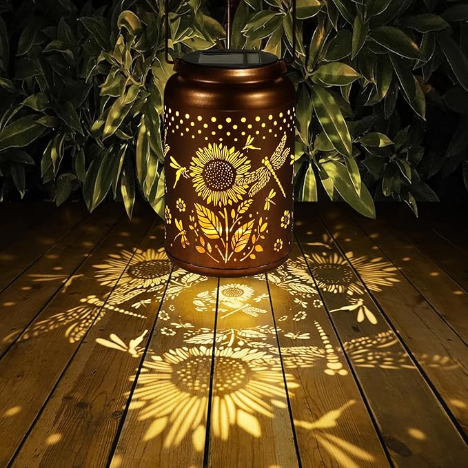 Solar Lanterns Outdoor Waterproof Hummingbird Garden Decor Christmas Gifts for Women Mom Grandma Hanging Lights Metal Decoration Outside for Yard, Patio,Backyard,Porch(Dragonfly and Sunflower)