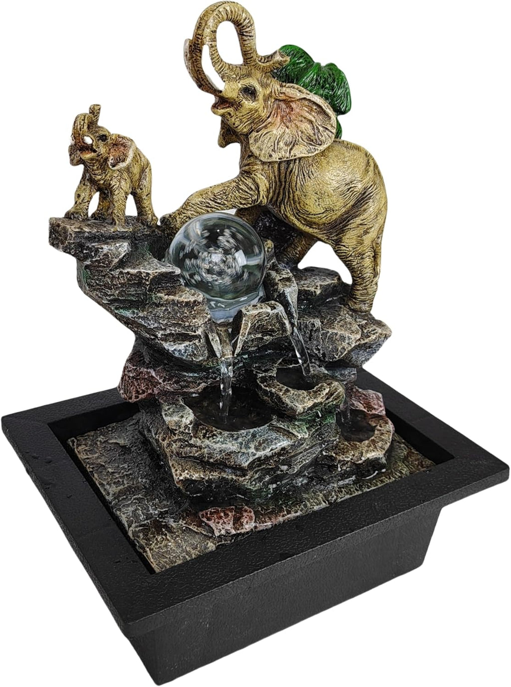 Decorative Elephant Cascade Tabletop Fountain with LED Globe, 3-Tier Design, A Quiet and Soothing Indoor Desktop Fountain