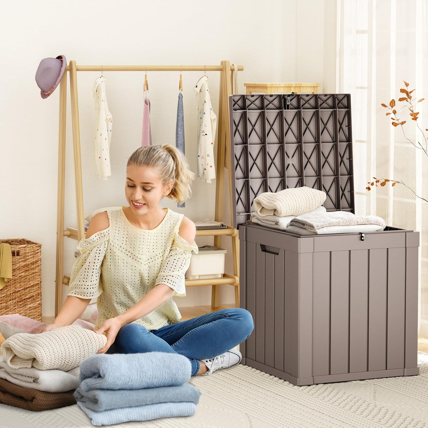 50 Gallon Waterproof Outdoor Storage Box,Resin Deck Box,Lockable Outside Storage Box Container for Patio Furniure,Garden Tools (50 Gallon,Grey)