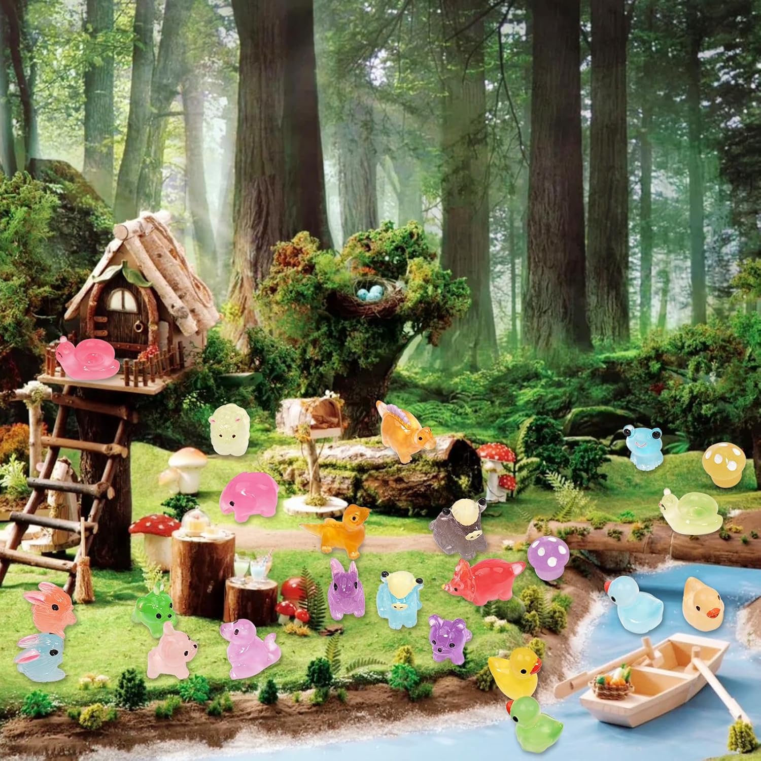 Mini Resin Animals Figures to Hide, 72 PCS Tiny Animal Figurines Small Plastic Animals Variety Pack Luminous Glow in The Dark, Little Ducks Miniature Dinosaurs for Fairy Garden Aquarium Decor