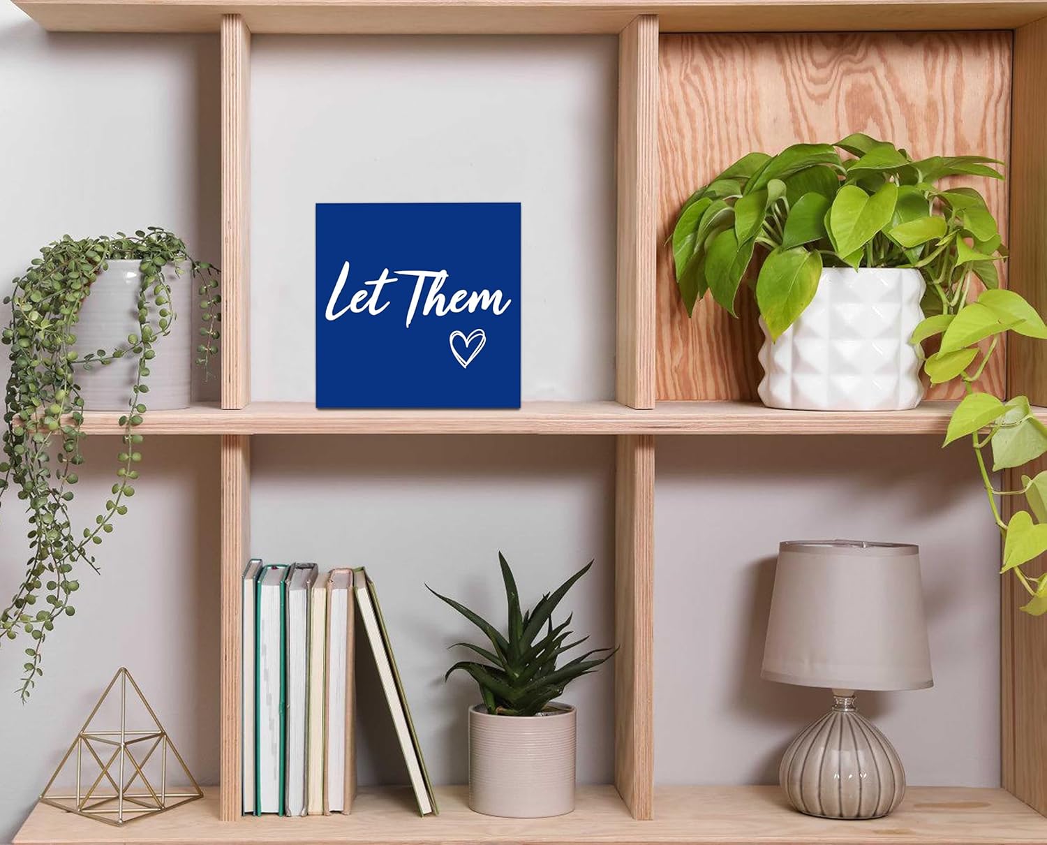 Let Them Wooden Sign, Mental Health Quote Farmhouse Wood Box Sign 5 X 5", Let Them Office Desk Accessories for Cubicle Decor, Office Gifts for Coworkers Women, Office Decorations for Work (Blue)