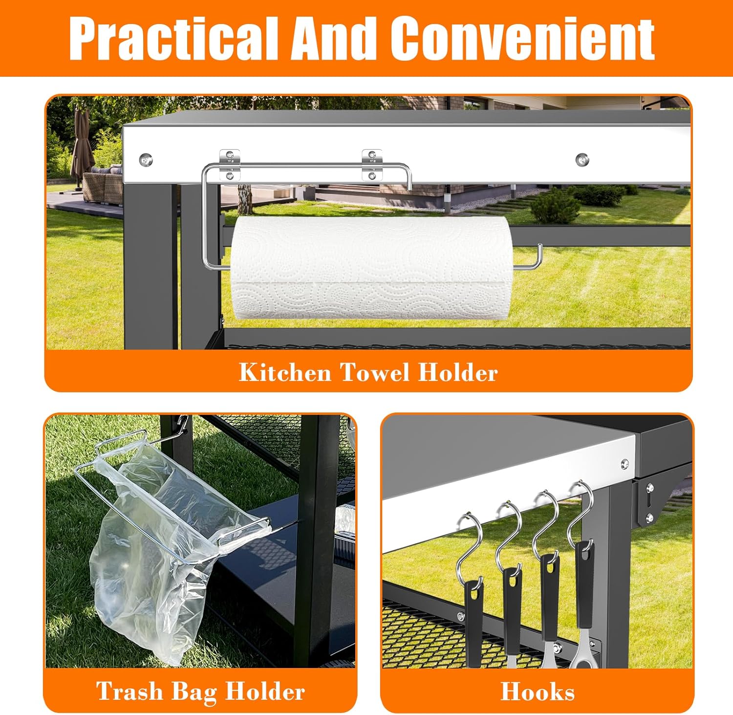 Grill Cart, Outdoor Grill Table, Pizza Oven Stand, Three-Shelf BBQ Table, Movable Dining Cart with Drawer, Fits for Ninja Woodfire Grill, Blackstone Griddle,Tabletop Grill