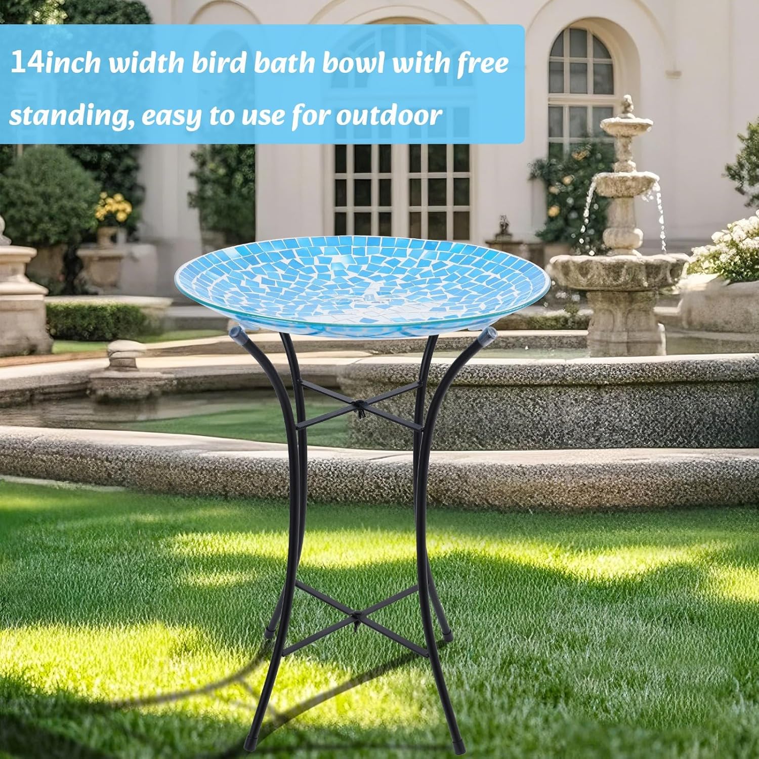MUMTOP Mosaic Glass Bird Baths, 14 Inch Width Outdoor Garden Dragonfly Bird Bath Bowl with Metal Stand, Unique Glass Birdbaths Bird Feeder for Yard Decor, 19.68 Inch Height