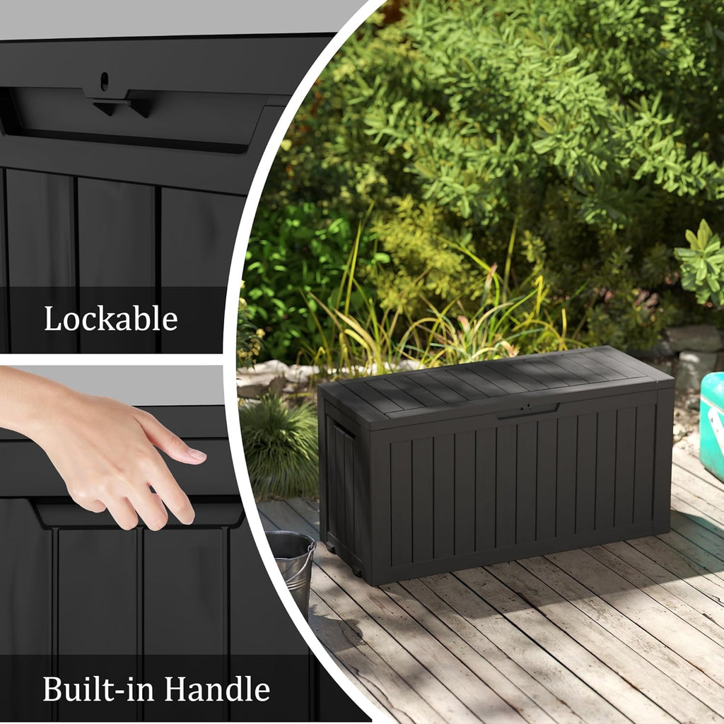 80 Gallon Outdoor Storage Box with Wheels, Waterproof Lockable Resin Deck Box Patio Storage Bin for Pool Accessories Cushion Furniture, Garden Tools, UV-Resistant Outside Delivery Black