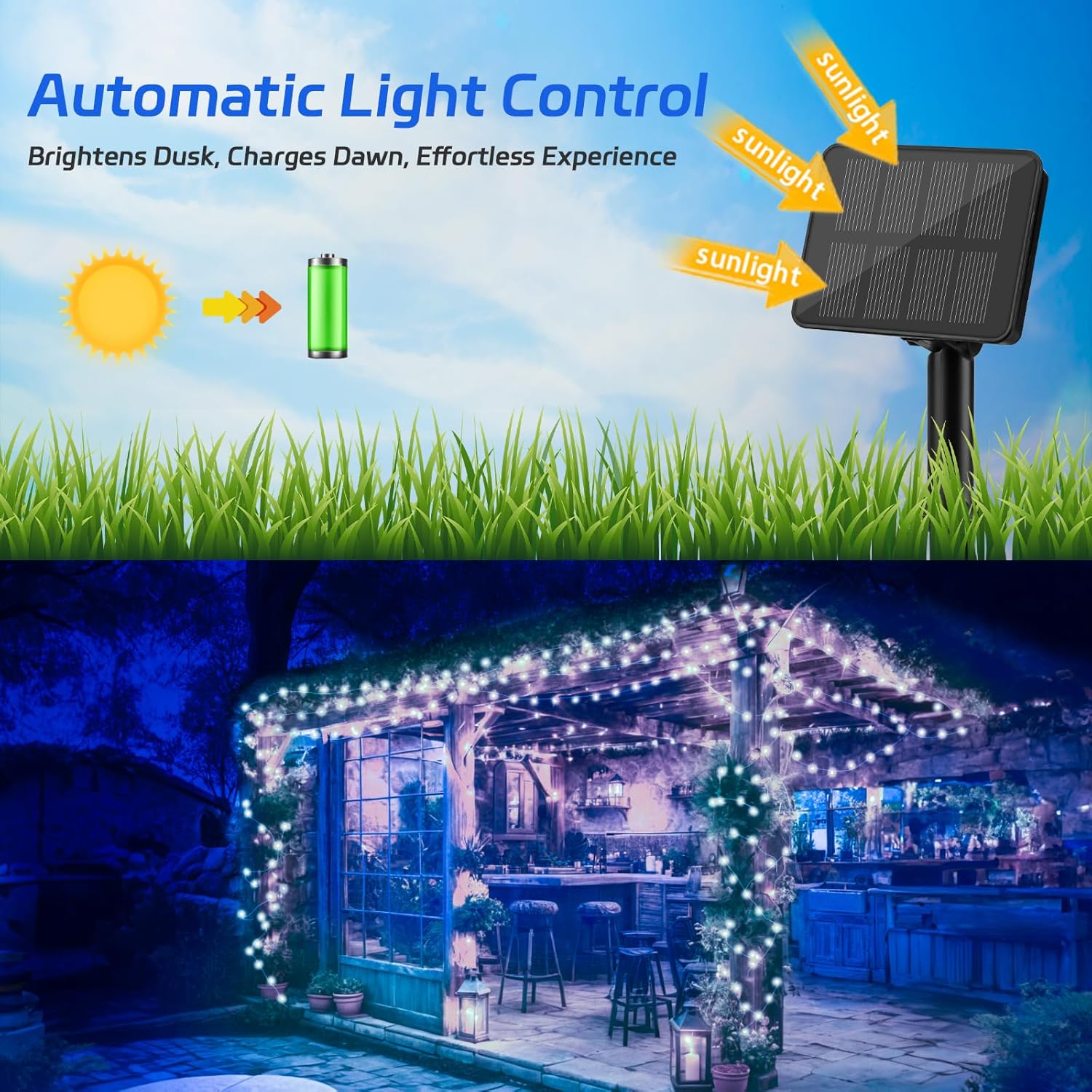 Solar Fairy Lights Outdoor Waterproof,16.4ft 50LED Solar String Lights for Outside 8 Modes 2 Packs for Patio Backyard Garden Wedding Deorations Cool White