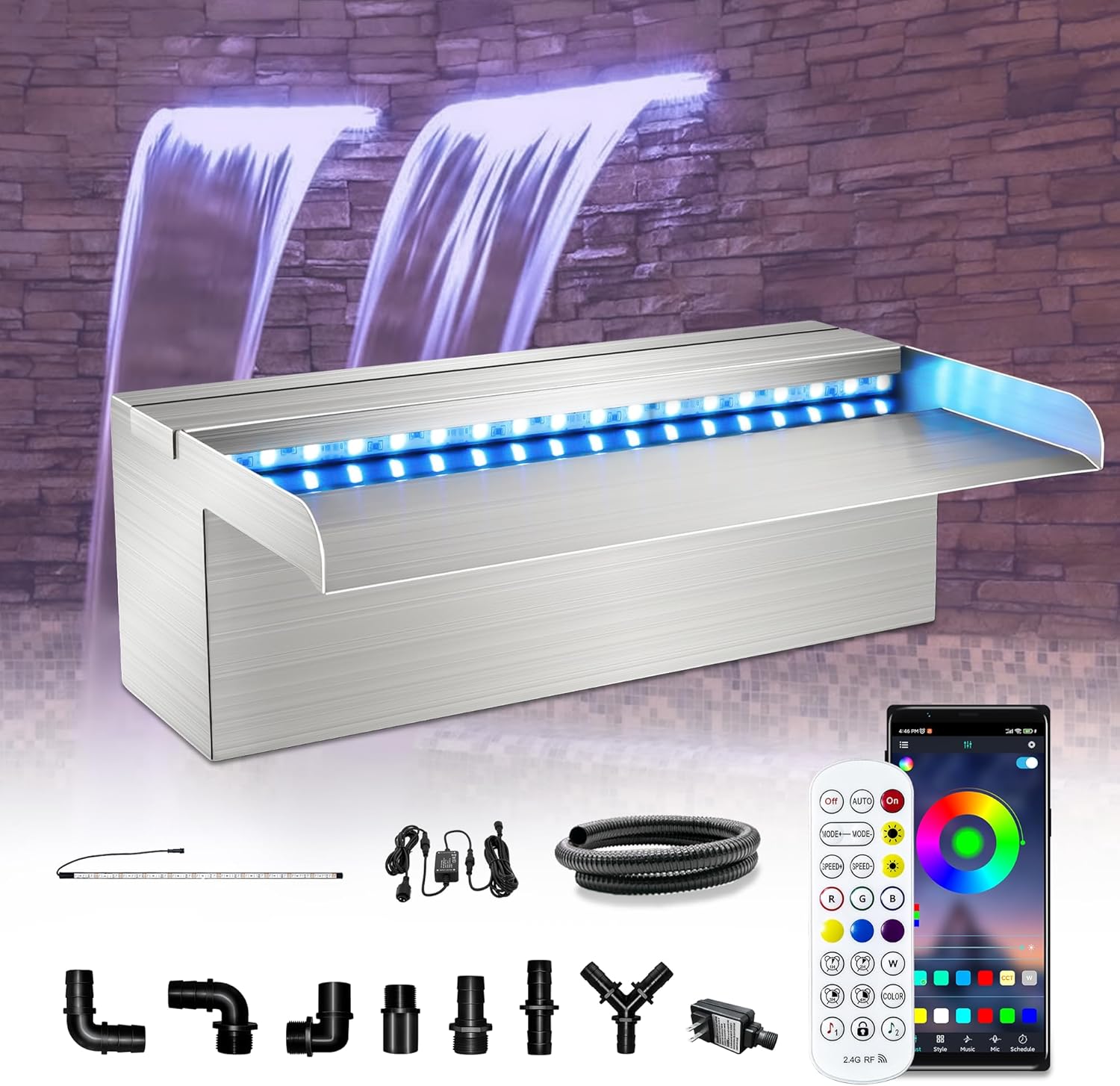 LONGRUN Waterfall Pool Fountain, Updated 5.9'' Wider Open Lip Stainless Steel Waterfall Spillway, Decorative Water Feature for Swimming Pools, Koi Ponds, Spa & Garden - 11.8''