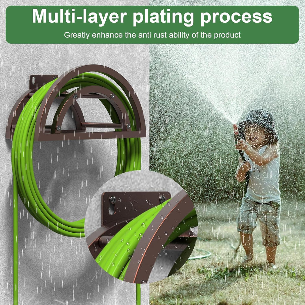 OLV Garden Hose Holder, Outdoor Hose Holder Wall Mounted Holds 125-ft Hose, Heavy Duty Metal Hose Hanger, Sturdy Detachable Hose Reel Storage Organizer, Hose Rack for Outside Garden Lawn Yard, Bronze