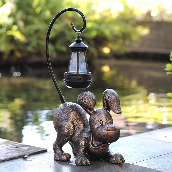 Laughing Dog Figurine with Solar-Powered LED Light 15.9 Inches Tall Antique Bronze, Perfect for Gift Garden Decor or Housewarming for Dog Lovers