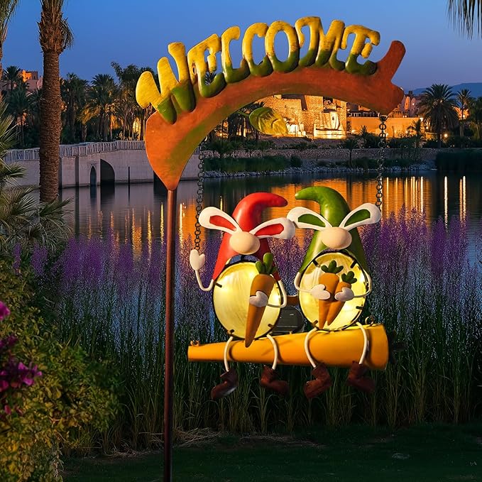 HONGLAND Solar Lights Outdoor Decor, Rabbit Swing Garden Decor, Funny Gardening Gifts for Women Mom, Gnomes Outdoor Decorations with Welcome Sign for Front Porch Patio
