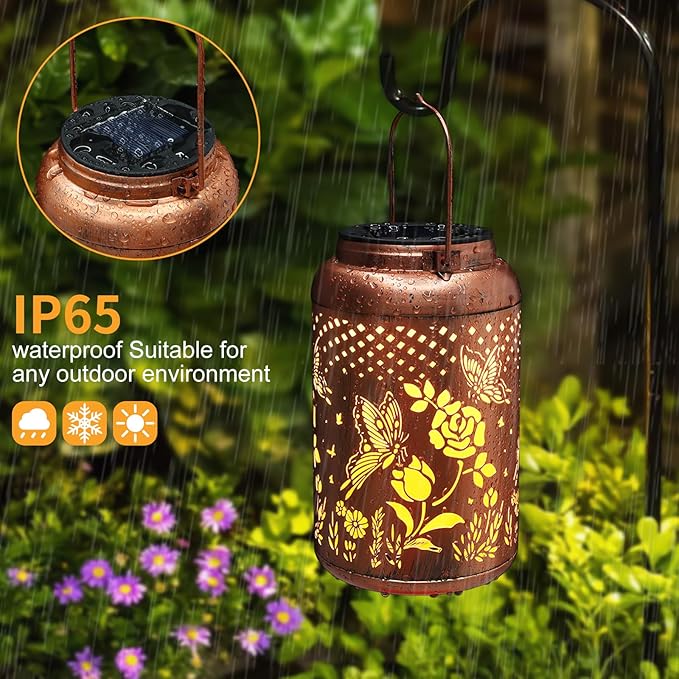 Rose Butterfly Decoration Solar Lanterns Outdoor Waterproof Garden Decor Gifts for Women Mon Grandma Metal Hanging Solar Lights for Outside LED Lanterns for Yard, Patio