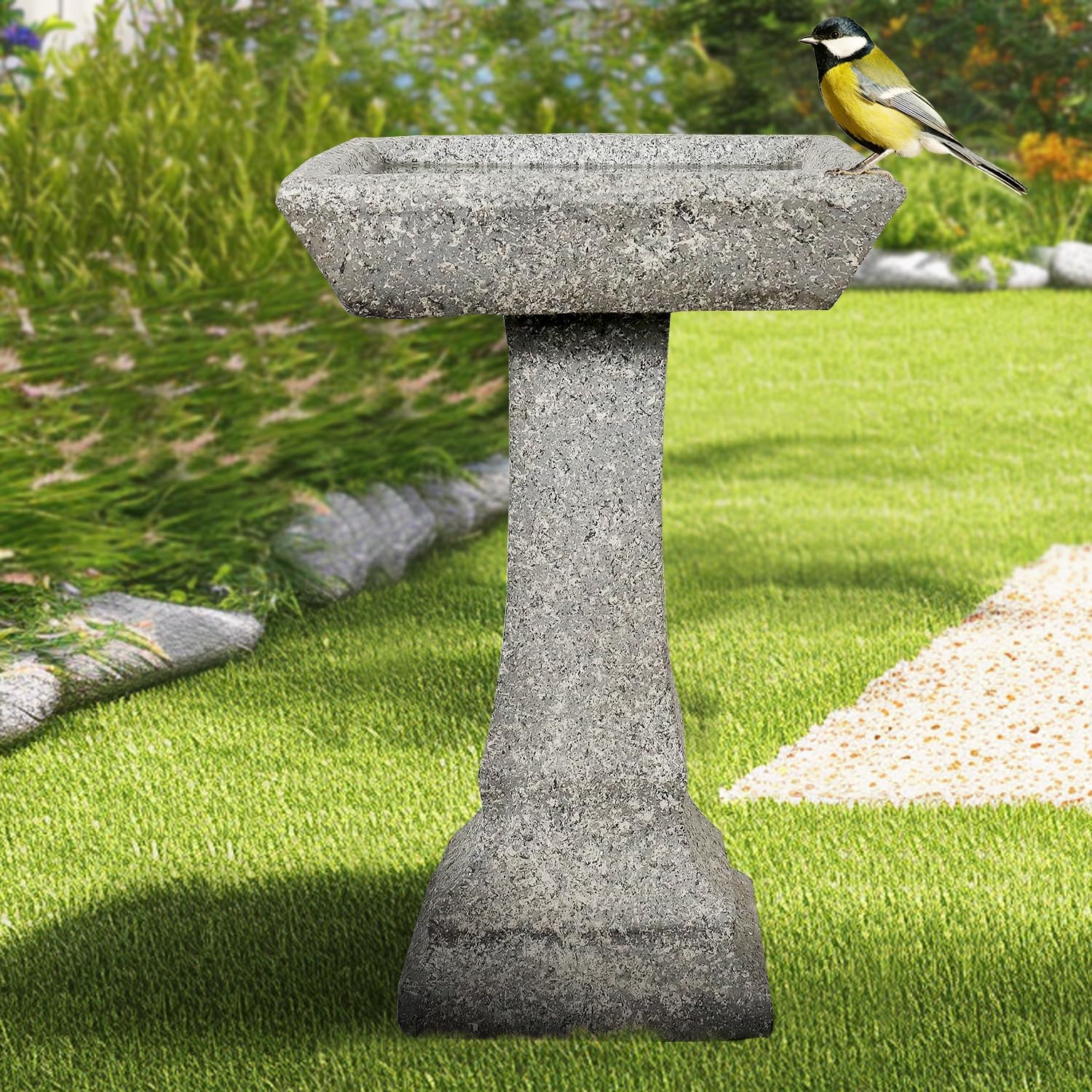 22.8" H Rustic Birdbath Freestanding Square Bird Bath with Faux Wood Finish for Garden Lawn Backyard Patio Porch Decor