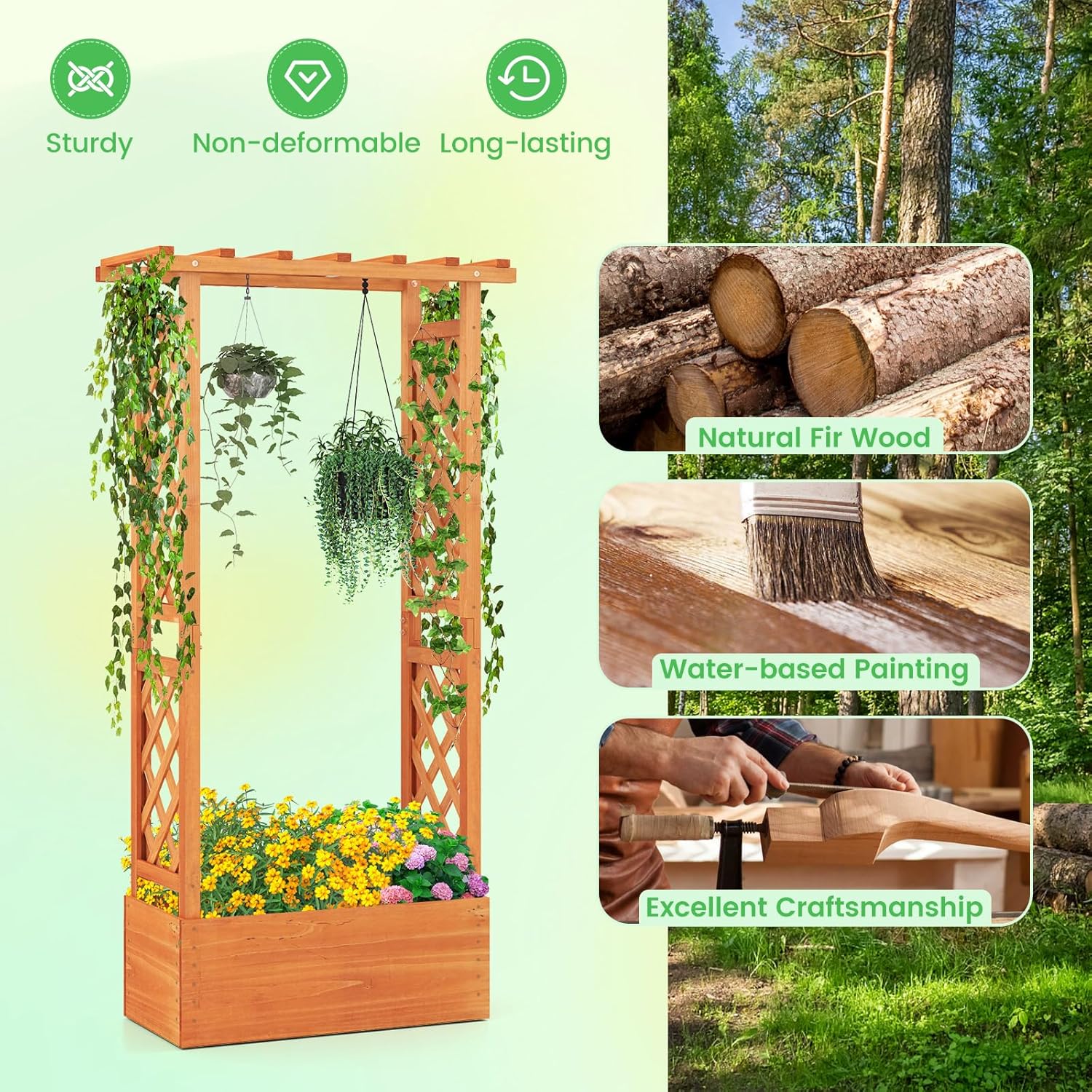 S AFSTAR Raised Garden Bed with Trellis, 2 Pieces Wood Planter Box with Hanging Roof & Drainage Holes for Climbing Plants, Vines, Flowers & Vegetables, Indoor Outdoor Plant Container for Patio & Yard