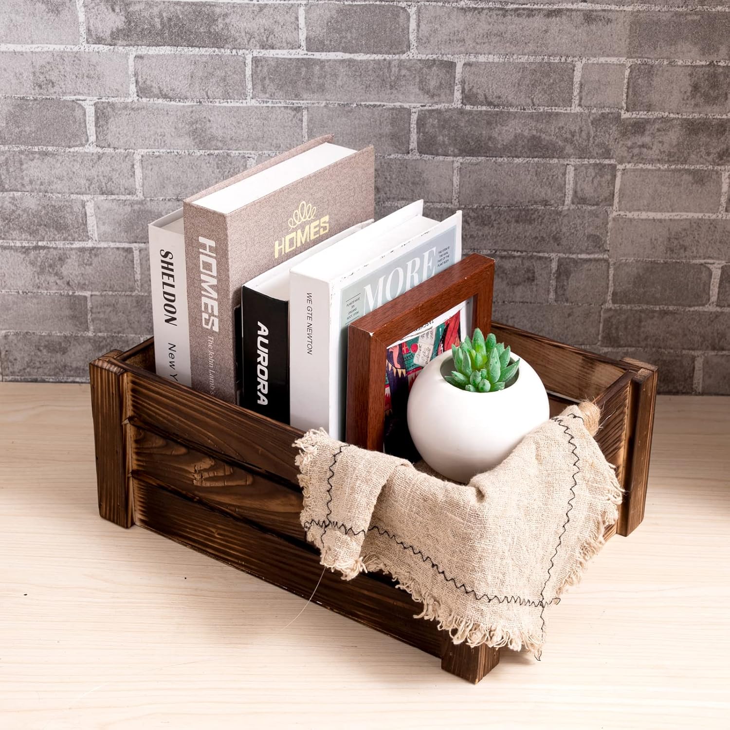 TIMRIS Set of 3 Rustic Wood Nesting Crates, Farmhouse Wooden Storage Container Boxes with Cutout Handles, Decorative Wooden Baskets for Display (Rustic Brown)