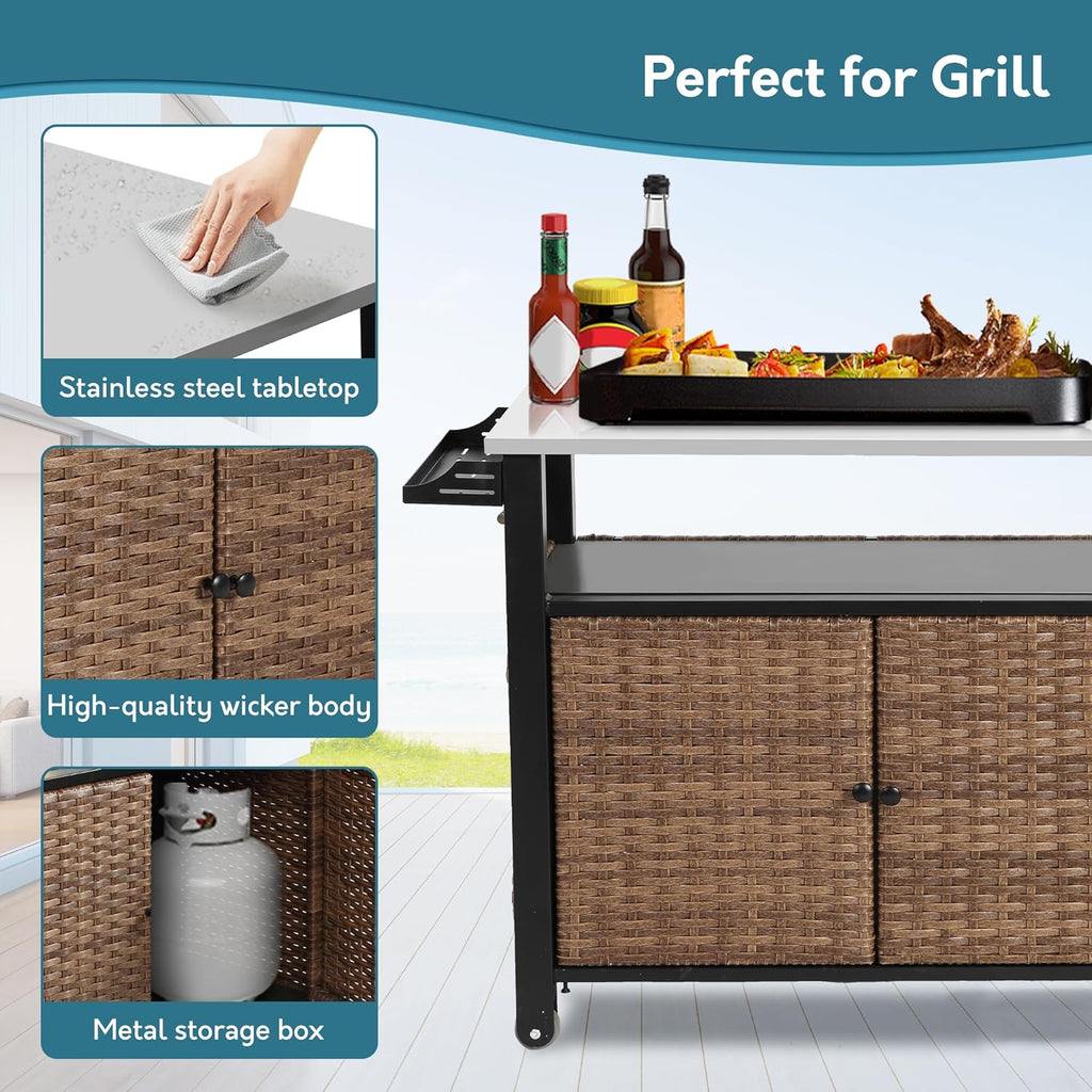 Grill Cart Outdoor with Wheels, Outdoor Prep Table with Wicker Storage and Rolling Wheels, Kitchen Island Serving Cart with Stainless Steel Table Top for BBQ, Porch, Patio, Brown