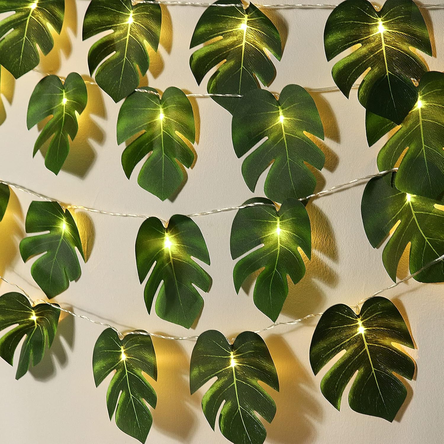 RECUTMS Monstera Leaf String Lights 2 Pack, 20LED Tropical Artificial Rattan Palm Green Leaves Wall Hanging Vine Greenery,Outdoor Indoor Hawaiian Luau Jungle Safari Beach Theme Party Summer Decoration