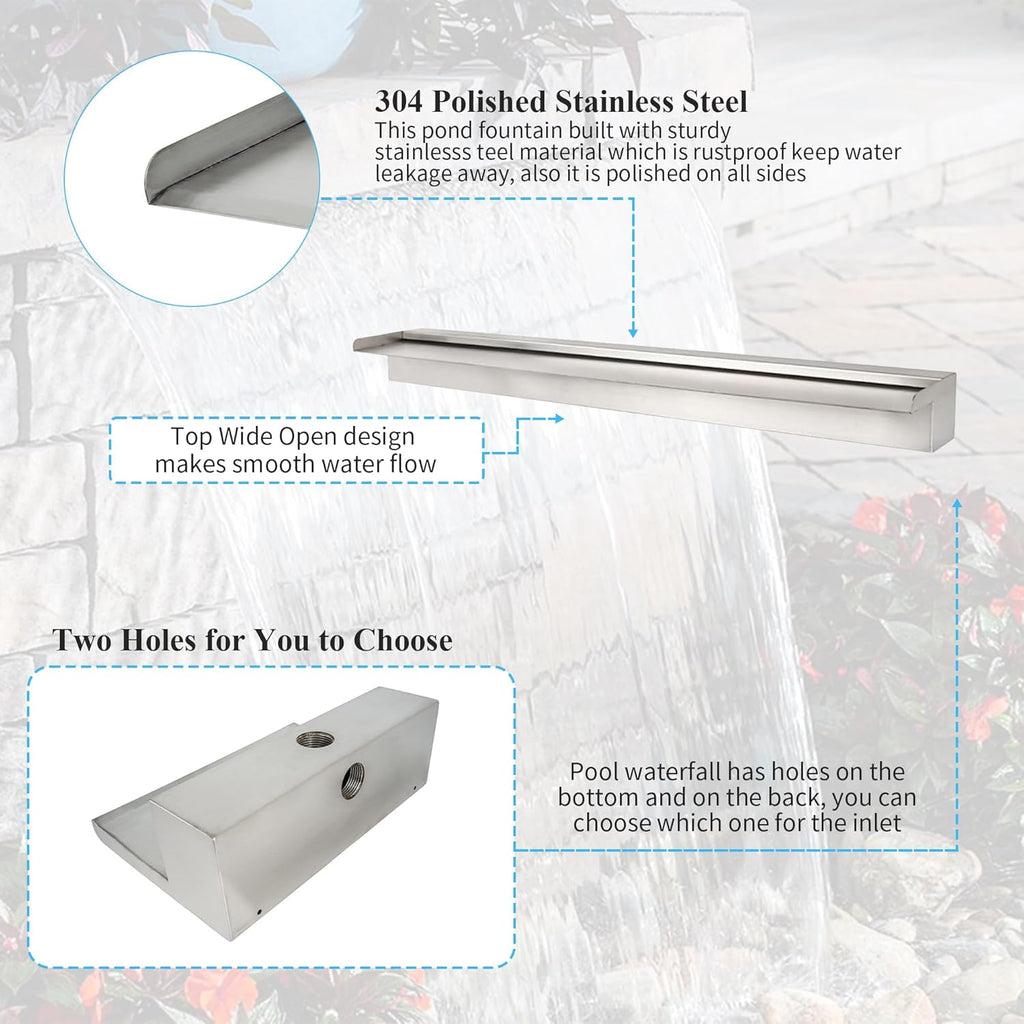 36 Inch Pool Fountain 304 Stainless Steel Waterfall Spillway with Pipe Connector Kits, Wider Water Flow Sheer Descent Platform Water Feature Fountain for Swimming Pool, Outdoor Garden Decor