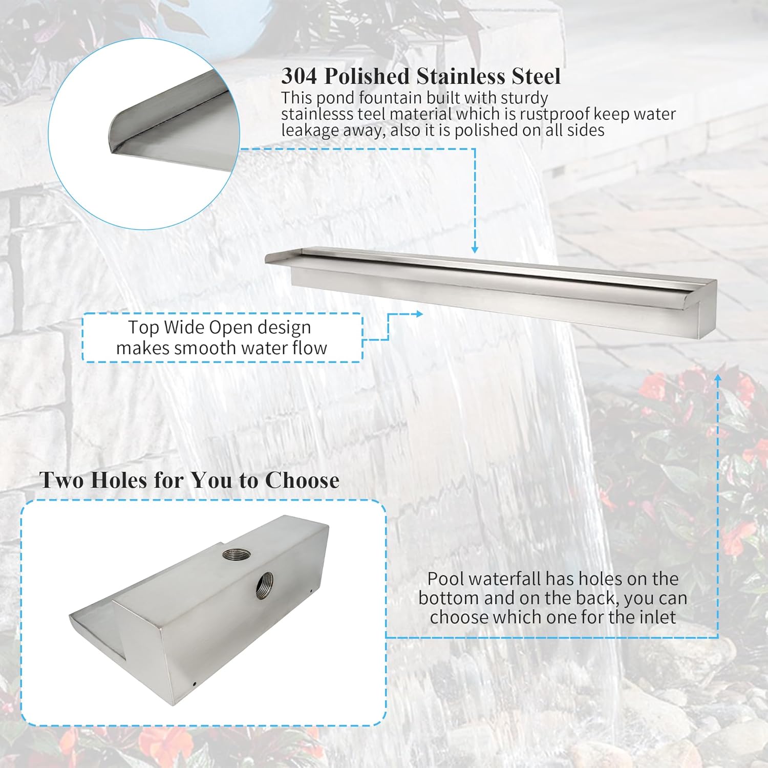 12 Inch Pool Fountain 304 Stainless Steel Waterfall Spillway with Pipe Connector Kits, Wider Water Flow Sheer Descent Platform Water Feature Fountain for Swimming Pool, Outdoor Garden Decor