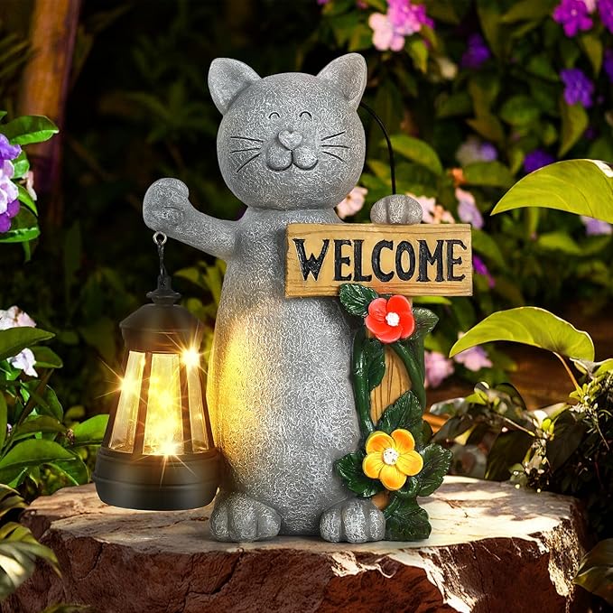 Json Garden Statue Solar Cat Figurine with Lantern, 10" Resin Kitten Outdoor Lawn Porch Yard Art, Lighted Christmas Birthday Gifts for Mom Grandma