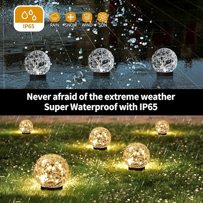 Solar Globe Lights Outdoor Waterproof-Solar Balls for Garden-Cracked Glass Ball Solar Lights Outdoor-Solar Orbs for Outside-Outdoor Decorations for Patio and Yard Lawn Backyard Decor