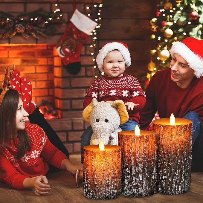 JOSU LED Flameless Candles Pine Bark Effect, Battery Operated Candles with Remote Control, LED Fake Candles, 4" 5" 6" Pack of 3, for Wedding Decor, Table Decor, Home Decoration Gifts (Pine Bark)