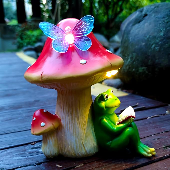 Solar Frog Mushroom Garden Statues,Resin Frog Mushroom Reading a Book Figurine with LED Solar Lights, Lawn Decor Outdoor Statue for Patio,Balcony,Yard,Lawn Ornament