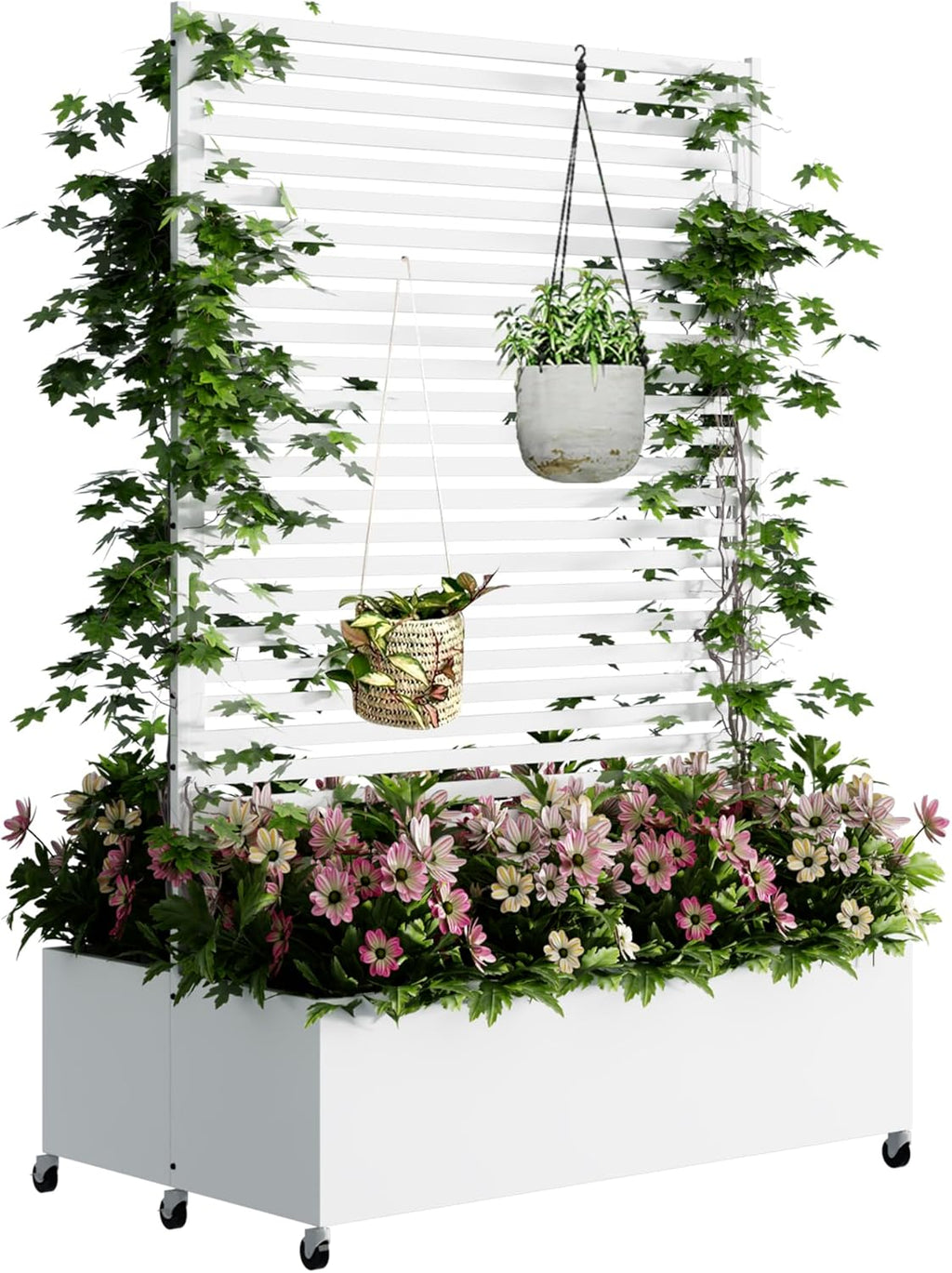 Double Metal Planter Box with Trellis Privacy Screen, Raised Garden Bed with Trellis & Wheels, Planter Box Outdoor with Drainage Holes for Climbing Plants, Vegetable, Vines,73"x 47"x 30", White