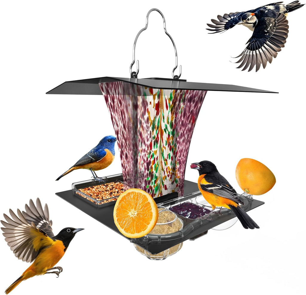 LUJII 6-in-1 Solar Bird Feeder with RGB String Lights, Hand Blown Glass, 2 Removable Trays for Bird Seed, Suet Ball, Mealworm, Oriole Orange Fruit, Jelly or Water, Purple