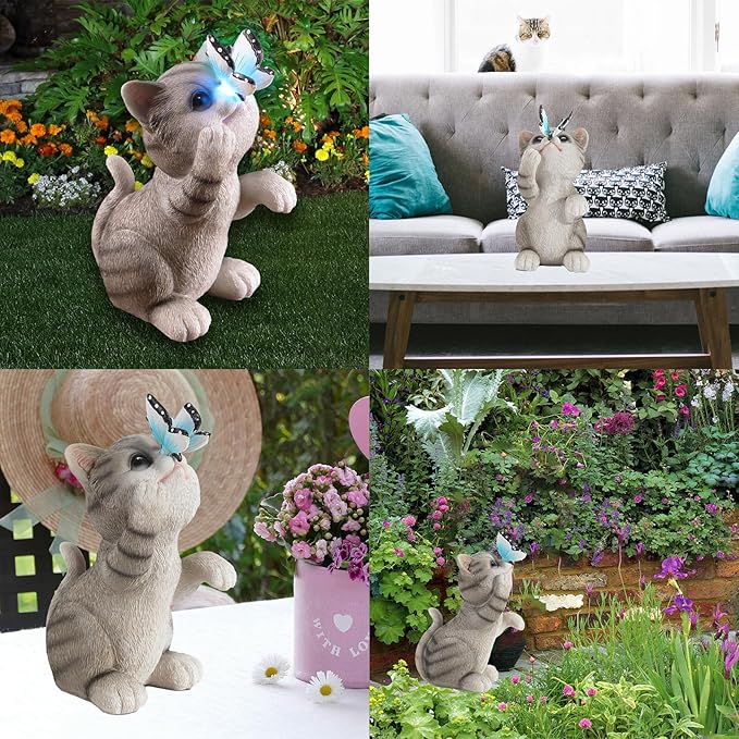 Cat Garden Statue Outdoor Solar Decorations Butterfly Light Figurine Color Changing LED Lights Resin Sculpture Art Decor Patio Lawn Yard Housewarming Gifts for Women Grandma Mom