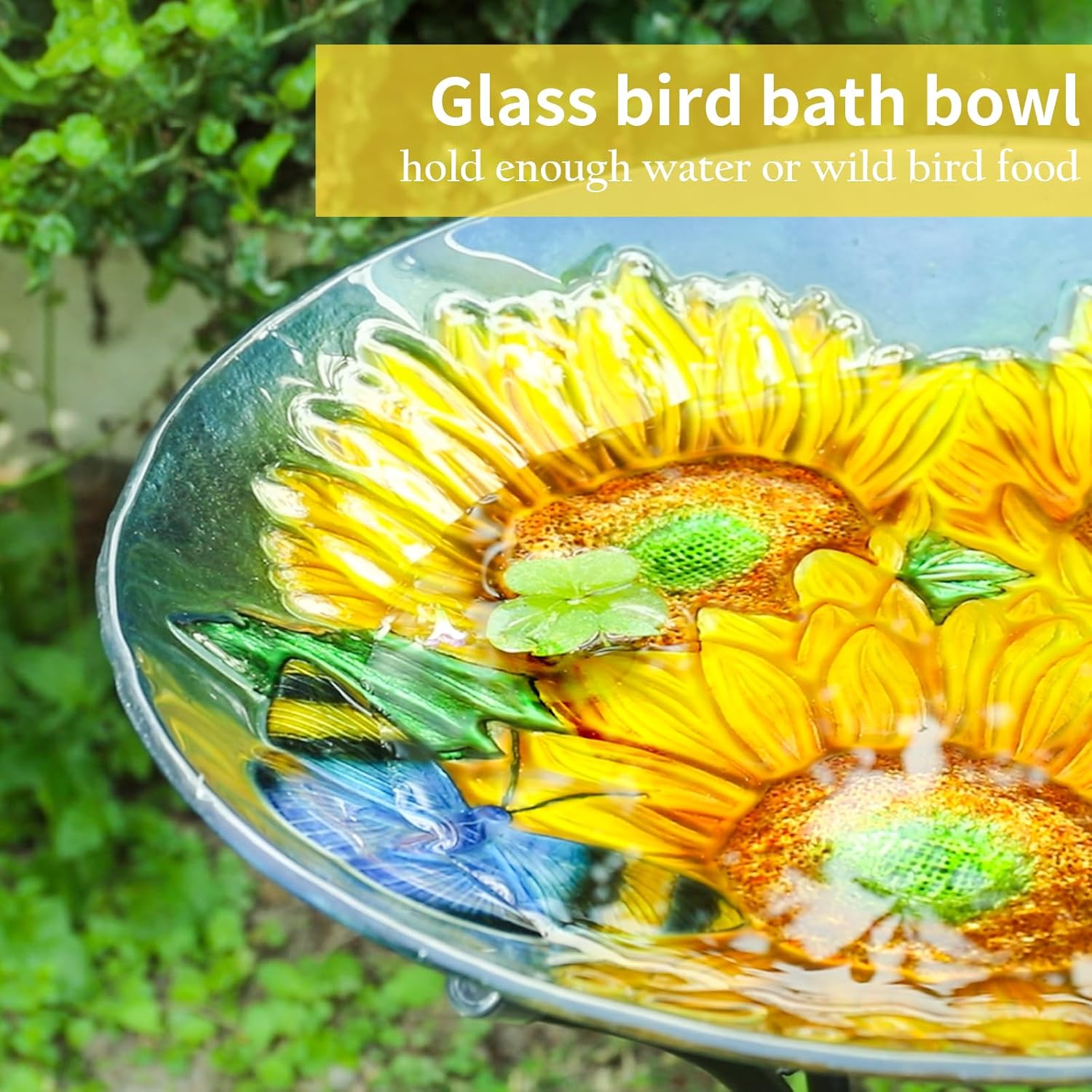 VCUTEKA Bird Baths for Outdoors, Glass Bird Bath with Metal Standing for Garden, Yards Patio Décor, Bird Lovers Gift, Sunflower Glass Birdbath Detachable (22" H * 18" W)