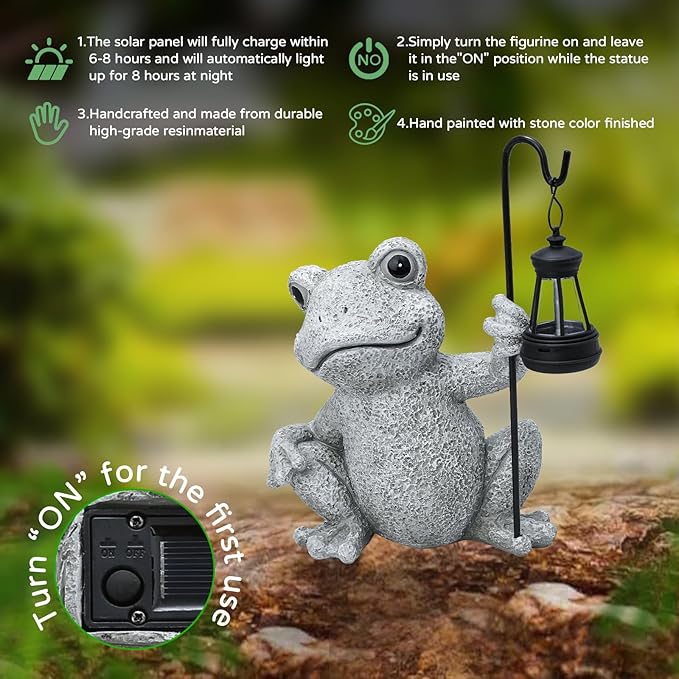 Solar Garden Outdoor Statues Frog with Solar Lantern, Lawn Decor Frog Figurine for Patio Balcony Yard, Yard Unique Christmas Birthdays Gift for Mom Grandma