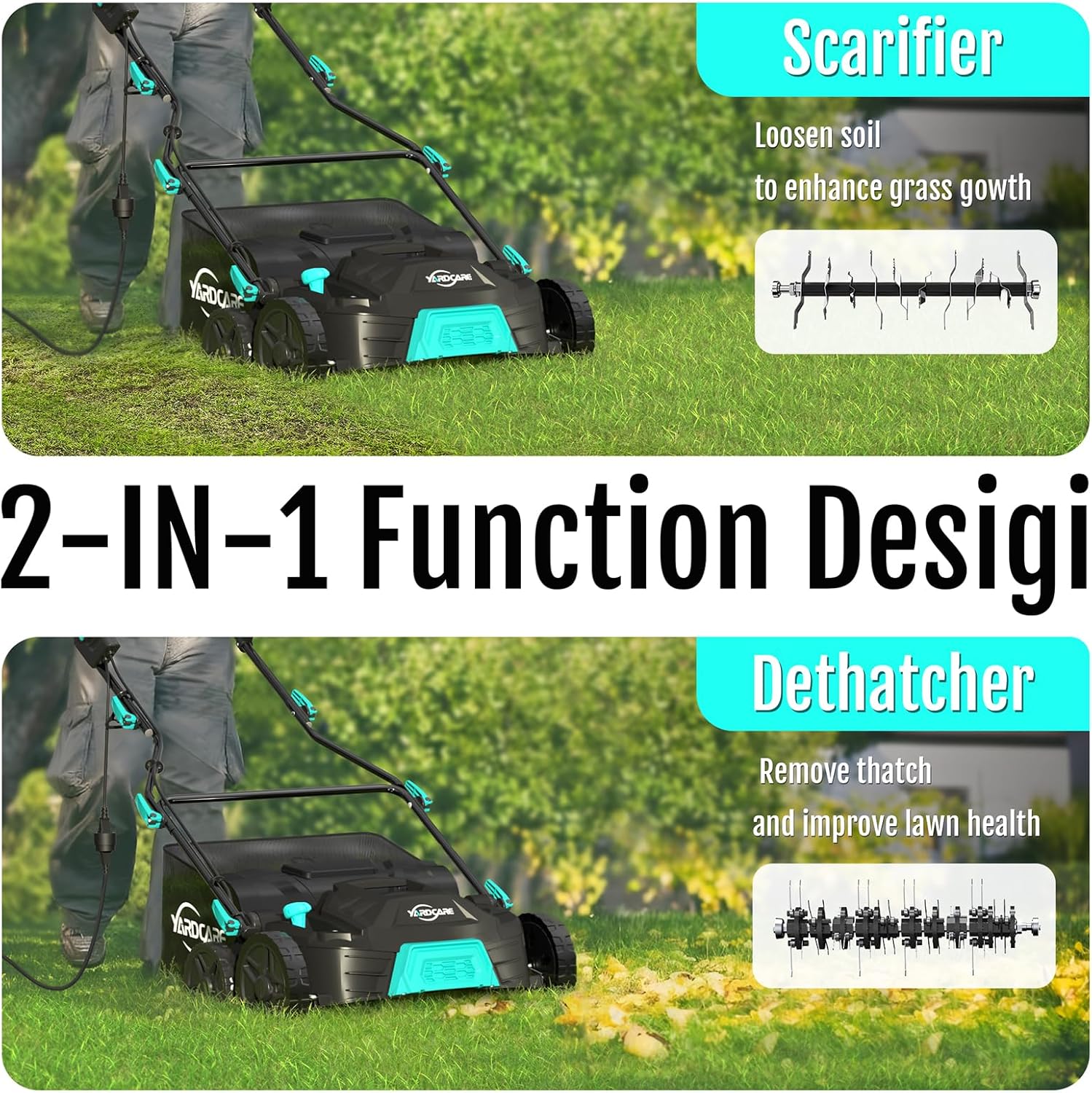 16‑Inch 15Amp 2‑in‑1 Electric Dethatcher & Scarifier with 5‑Position Depth Adjustment, 12 Gallon Removable Grass Collection Bag, Foldable Design, Lawn Thatcher for Yard Lawn Garden Care