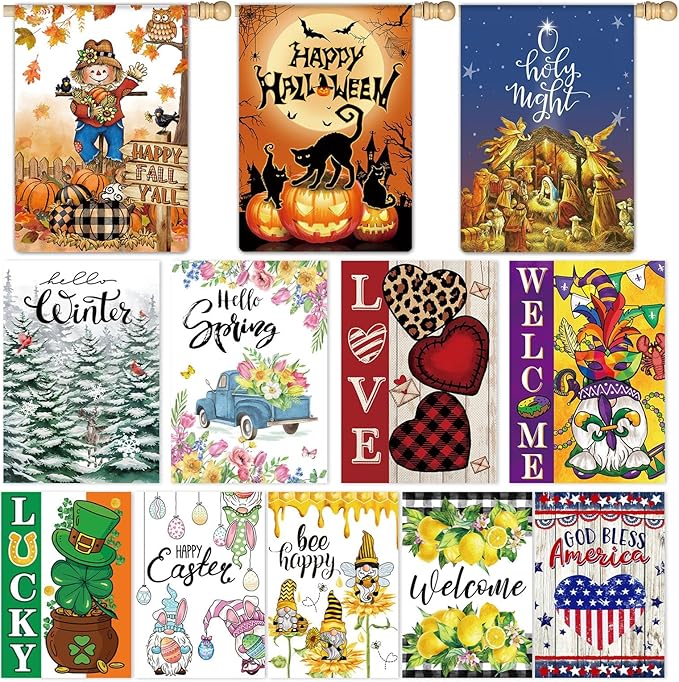 12 Pcs Seasonal House Flags 28x40 Double Sided Seasonal Large Garden Flags for All Seasons Set of 12 Spring Easter Valentine Halloween Christmas Holiday Yard Decoration, Welcome Outdoor Decor 28x40 In