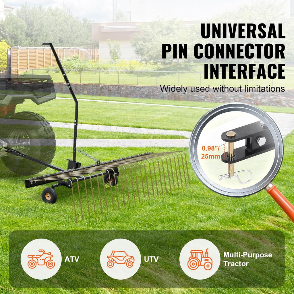 VEVOR Tow Behind Dethatcher, 60-inch Tow Dethatcher with 24 Steel Tines, Lawn Dethatcher Rake for ATV or Mower, Tow Behind Lawn Rake with Lift Handle for Leaves, Pine Needles, and Grass