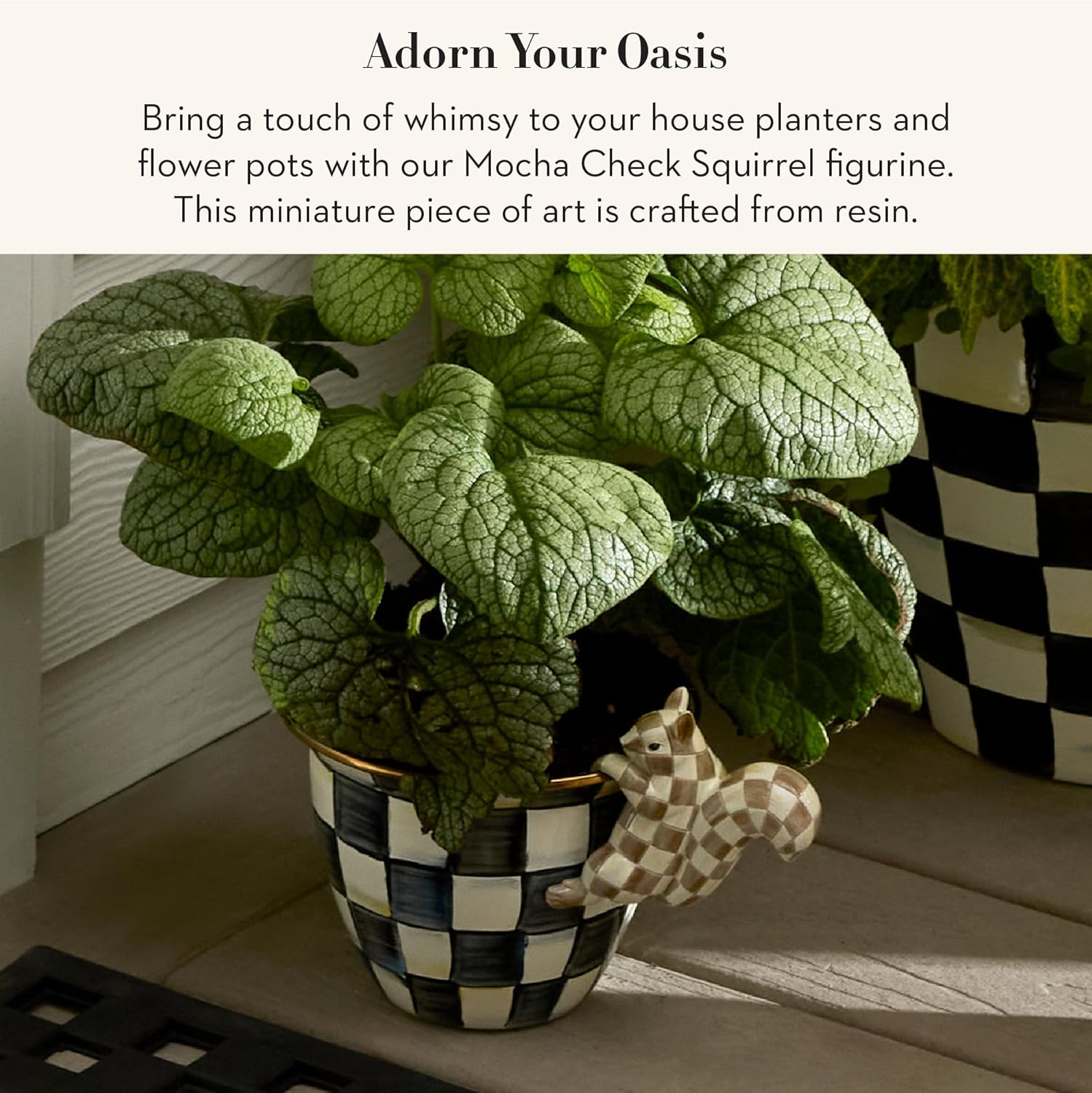 MACKENZIE-CHILDS Pot Climber, Outdoor Planter Hanging Decor, Brown-and-White Mocha Check Squirrel