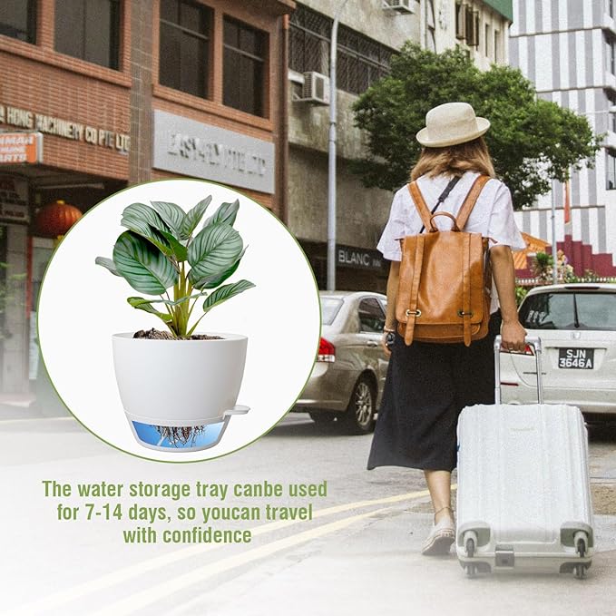 10 inch Self Watering Pots, 2 Pack Plastic Planters with Mesh Drainage Holes for Garden Plants and Flower, Plants Pots with Deep Reservoir for Indoor Outdoor Plants, White