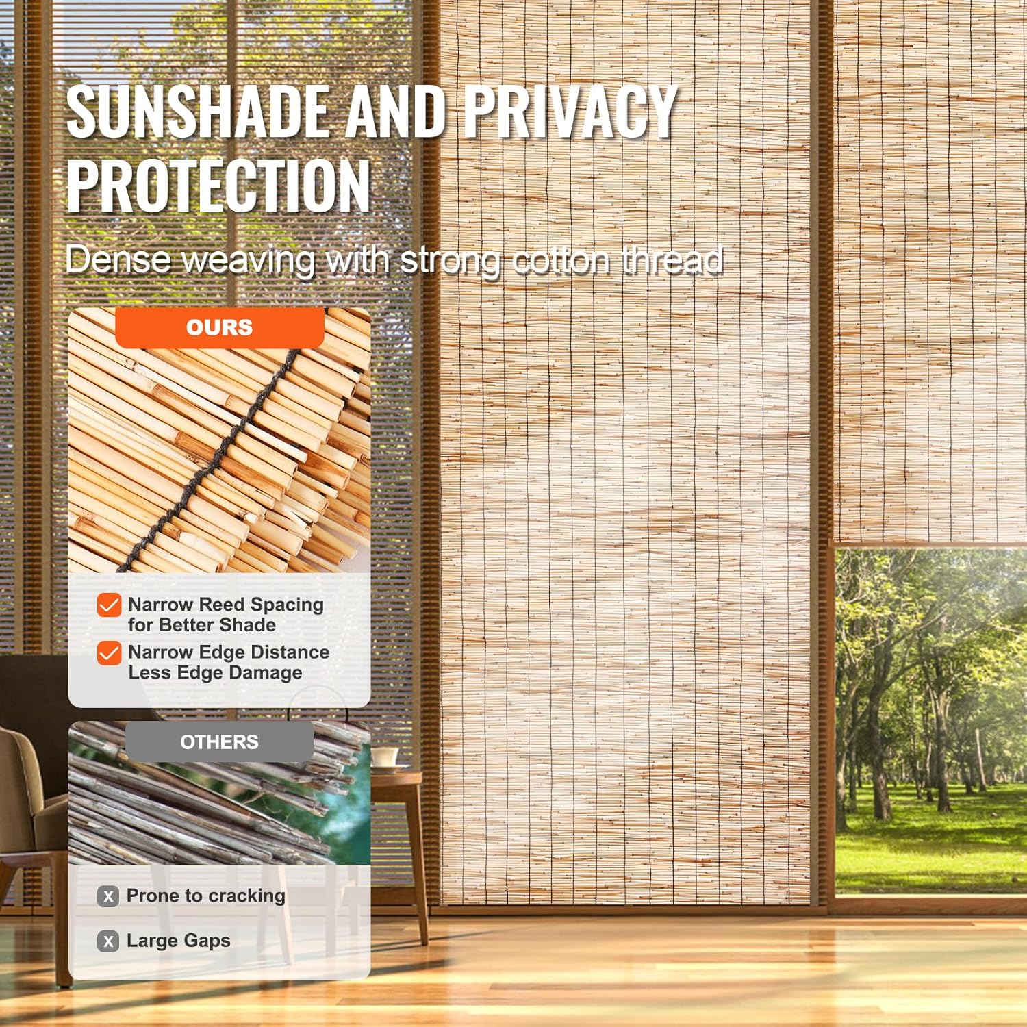 VEVOR Natural Reed Fencing, 3.3 ft x 13.3 ft, Reed Screen Curtain Balcony Reed Fence Roll for Outdoor Backyard Patio, Decorative Fence for Backyard Garden Fencing Divider, Privacy Screen Panel Curtain