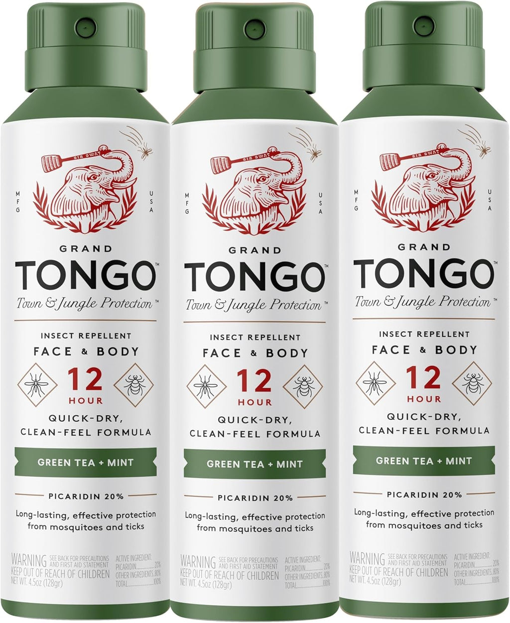 Green Tea + Mint Insect Repellent, 12-Hour Mosquito & Tick Protection, Picaridin-Based, Water-Based, Lightweight, Quick-Drying, Vanishing Scent, DEET Alternative, Face & Body Use, 3 Pack